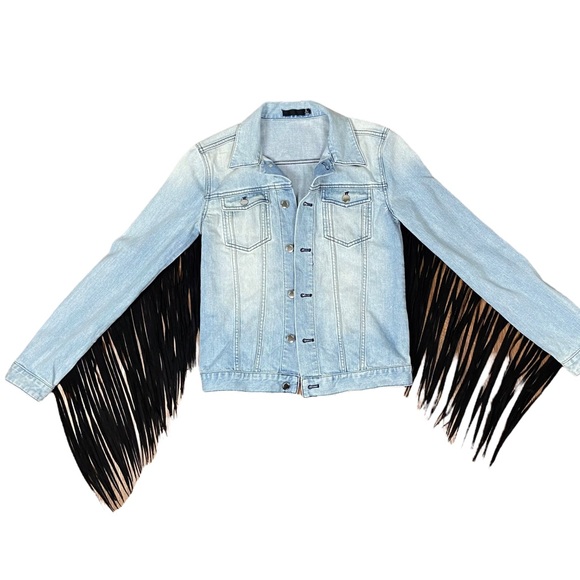BLK DNM  Blue Denim Black Fringe Jean Jacket Size Small - Picture 2 of 16